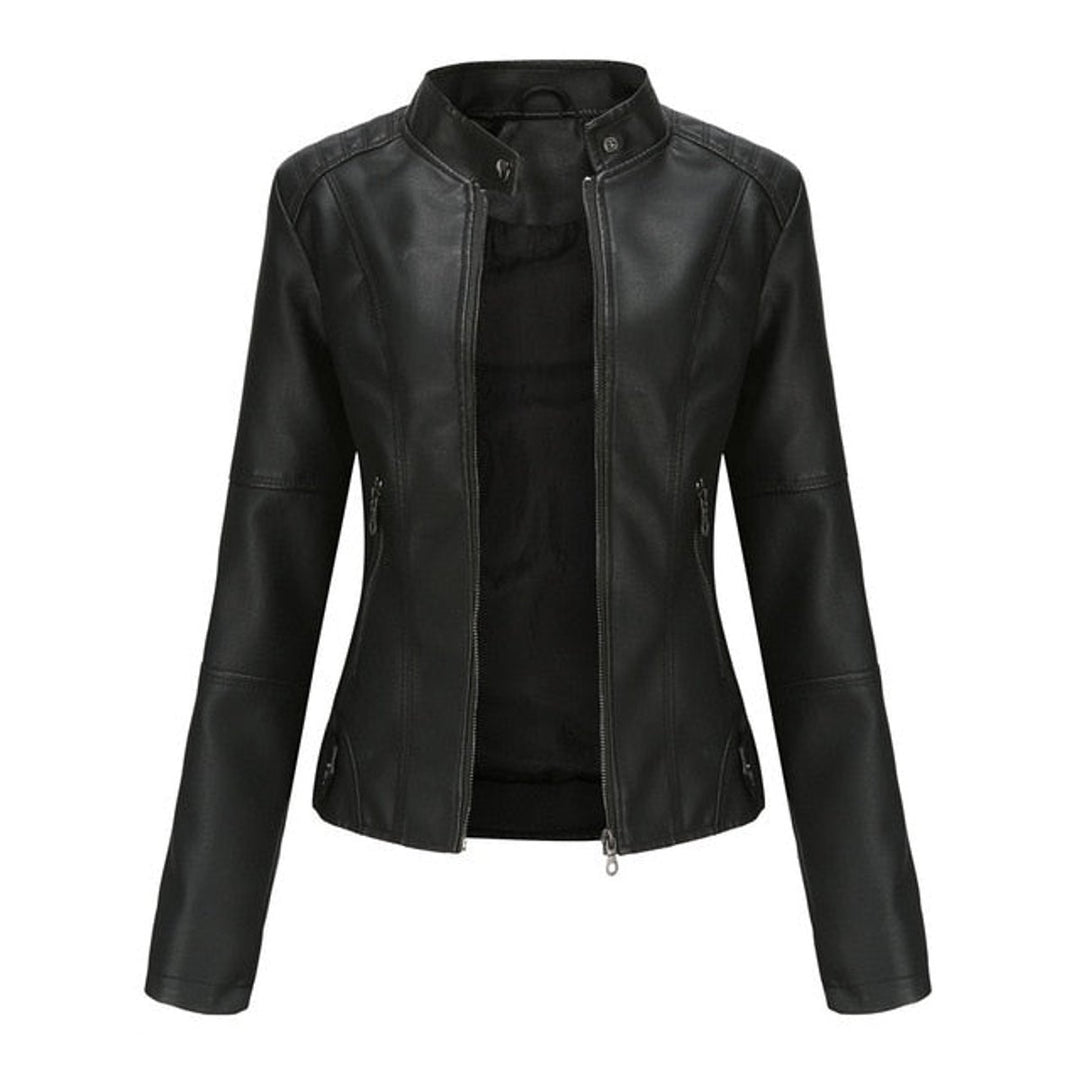 Damen Kurze Kunstleder Jacke mit Reißverschluss Stehkragen - Schwarz