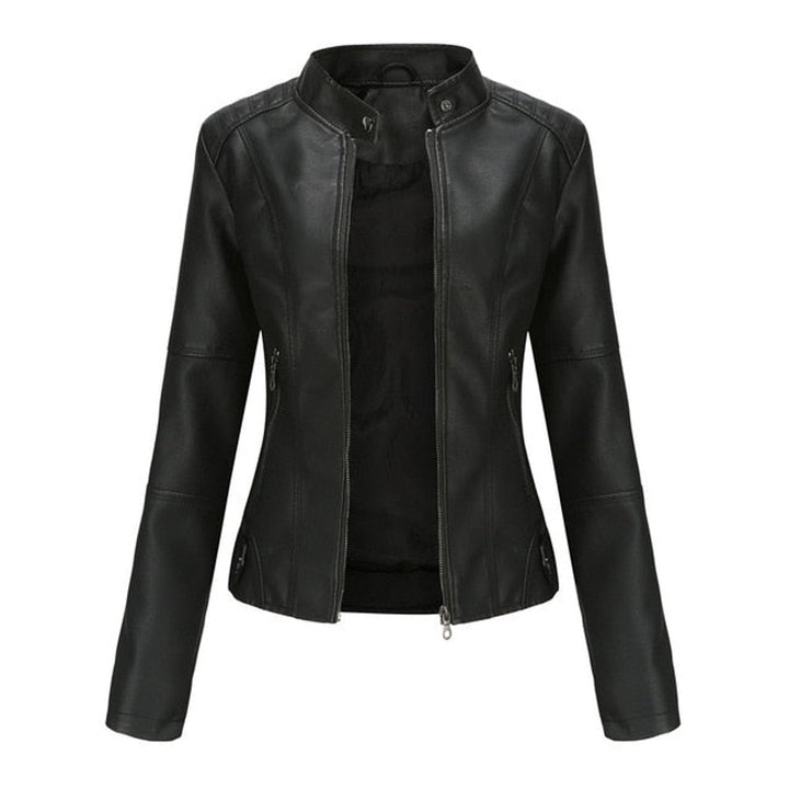 Damen Kurze Kunstleder Jacke mit Reißverschluss Stehkragen - Schwarz