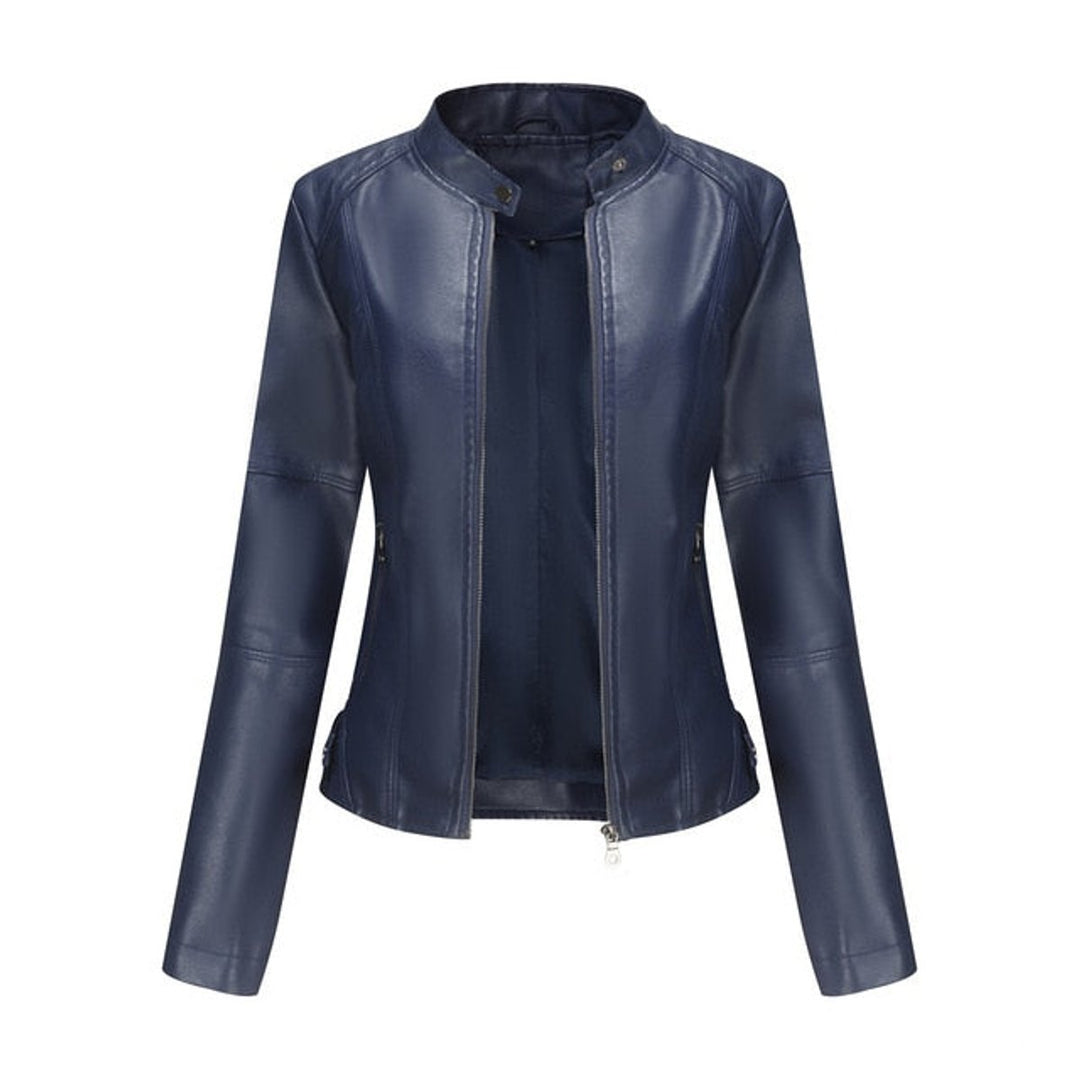 Damen Kurze Kunstleder Jacke mit Reißverschluss Stehkragen - Blau