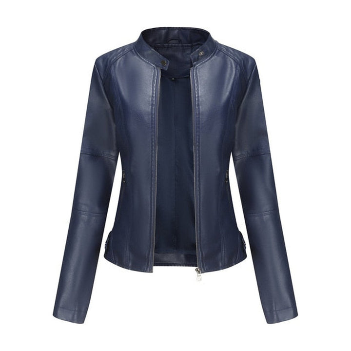 Damen Kurze Kunstleder Jacke mit Reißverschluss Stehkragen - Blau