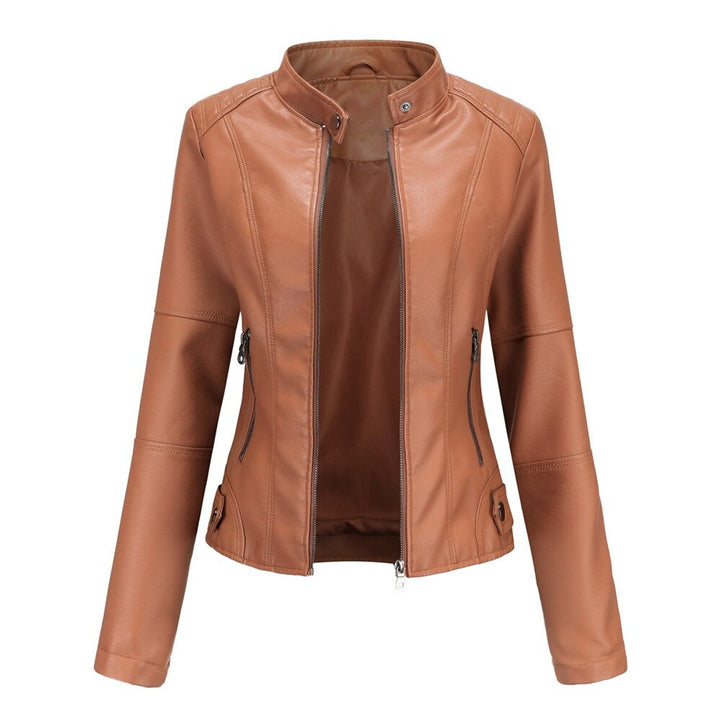 Damen Kurze Kunstleder Jacke mit Reißverschluss Stehkragen - Rotbraun