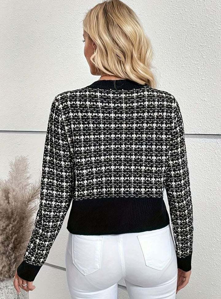 Damen Kurze Strickjacke aus Tweed-Material Tailliert Rundhals Goldknöpfe