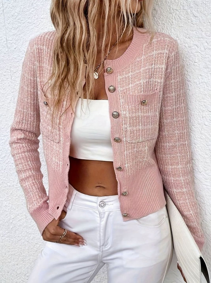 Damen Kurze Strickjacke aus Tweed-Material Tailliert Rundhals Goldknöpfe - Rosa Weiß