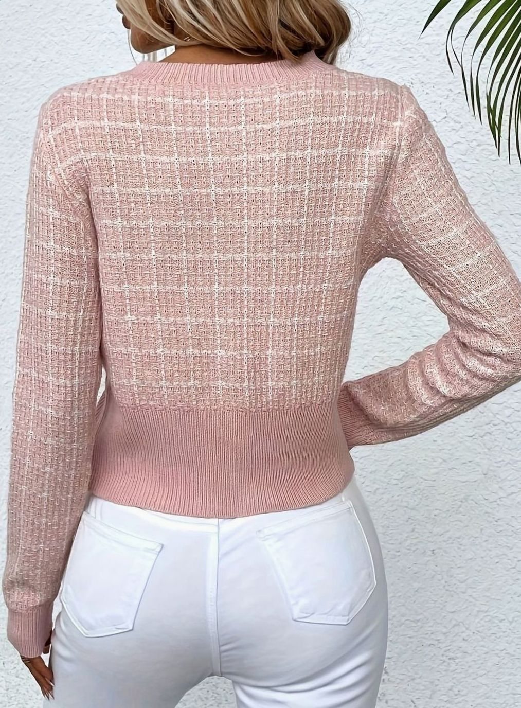 Damen Kurze Strickjacke aus Tweed-Material Tailliert Rundhals Goldknöpfe