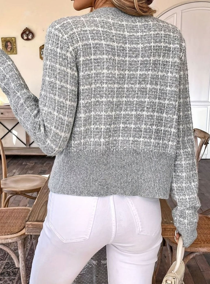 Damen Kurze Strickjacke aus Tweed-Material Tailliert Rundhals Goldknöpfe