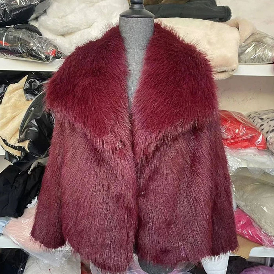 Damen Kurze Winterjacke aus Kunstfell Lockere Flauschige Kurzjacke - Bordeaux