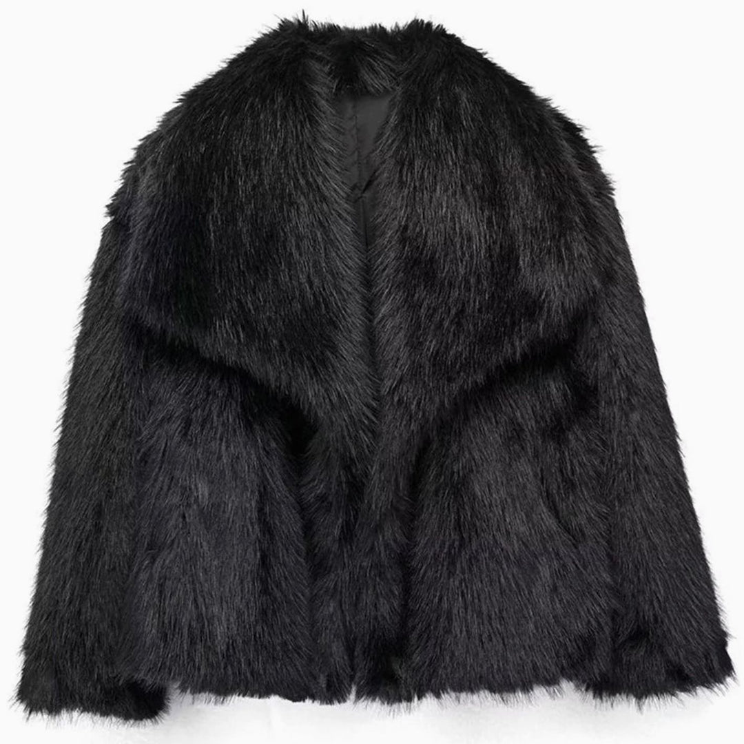 Damen Kurze Winterjacke aus Kunstfell Lockere Flauschige Kurzjacke - Schwarz