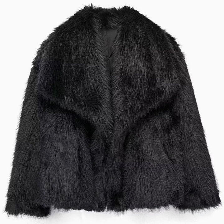 Damen Kurze Winterjacke aus Kunstfell Lockere Flauschige Kurzjacke - Schwarz