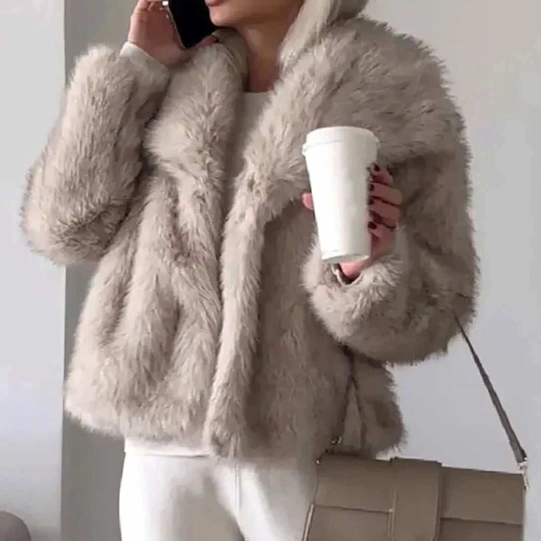 Damen Kurze Winterjacke aus Kunstfell Lockere Flauschige Kurzjacke - Hellbraun