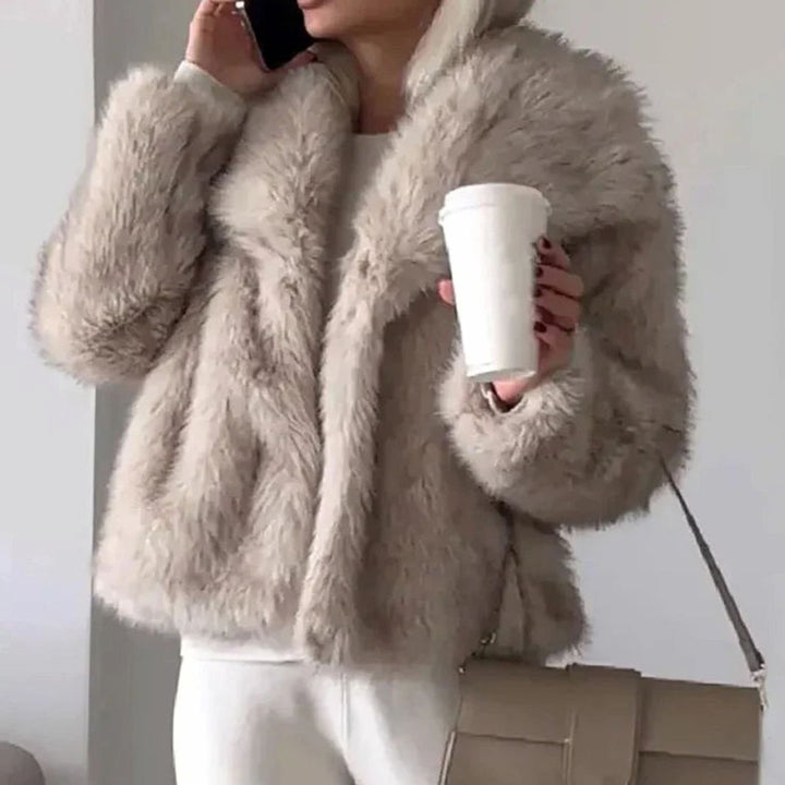 Damen Kurze Winterjacke aus Kunstfell Lockere Flauschige Kurzjacke - Hellbraun