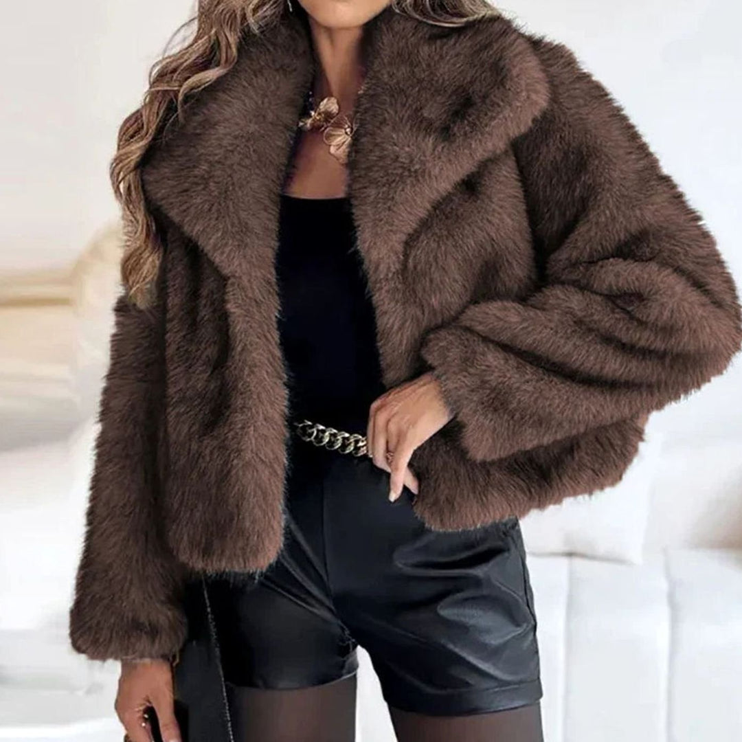 Damen Kurze Winterjacke aus Kunstfell Lockere Flauschige Kurzjacke - Braun