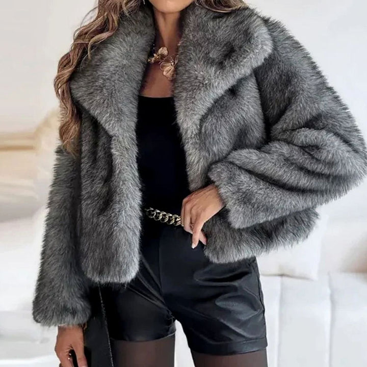 Damen Kurze Winterjacke aus Kunstfell Lockere Flauschige Kurzjacke - Dunkelgrau