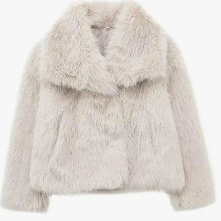 Damen Kurze Winterjacke aus Kunstfell Lockere Flauschige Kurzjacke - Creme
