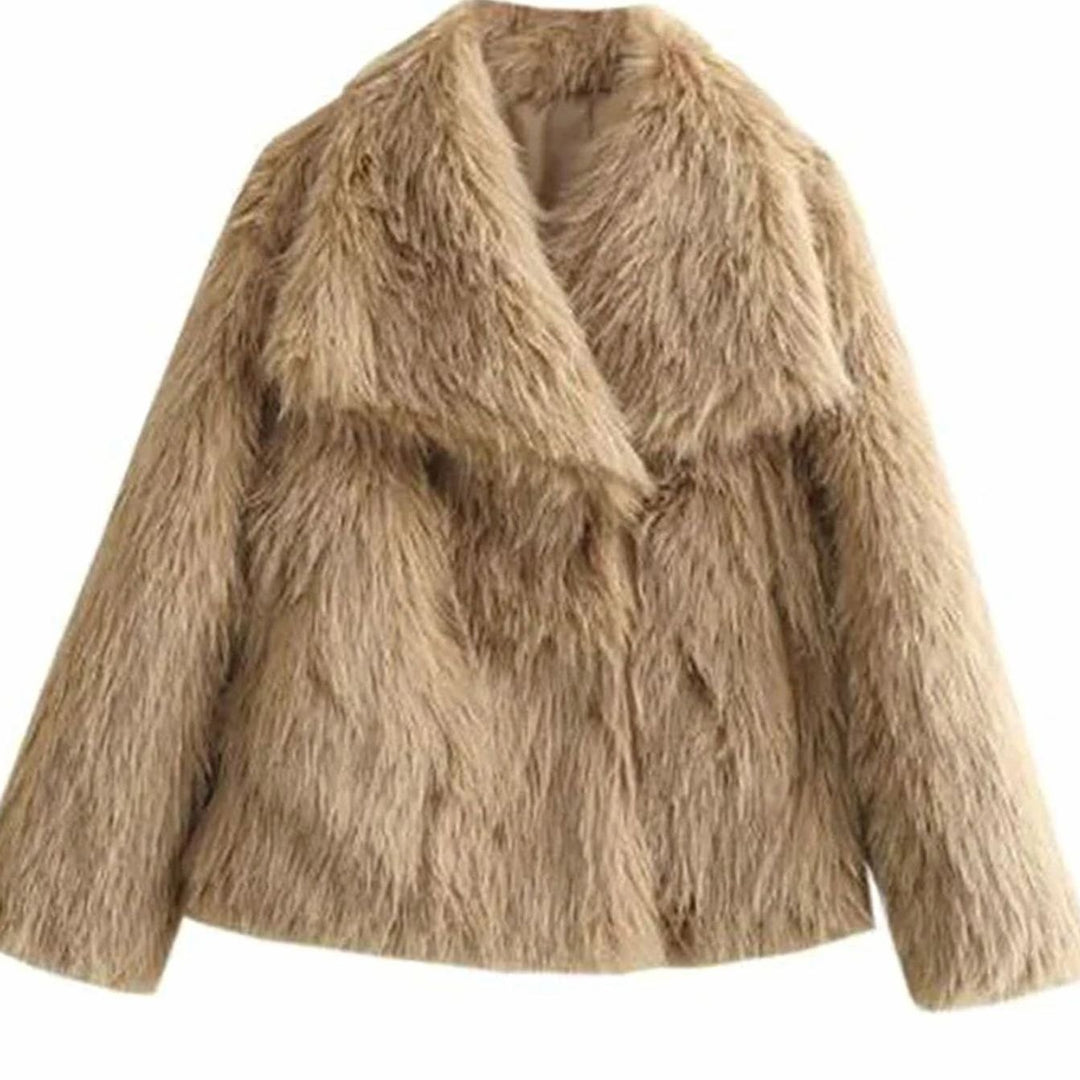 Damen Kurze Winterjacke aus Kunstfell Lockere Flauschige Kurzjacke - Beige