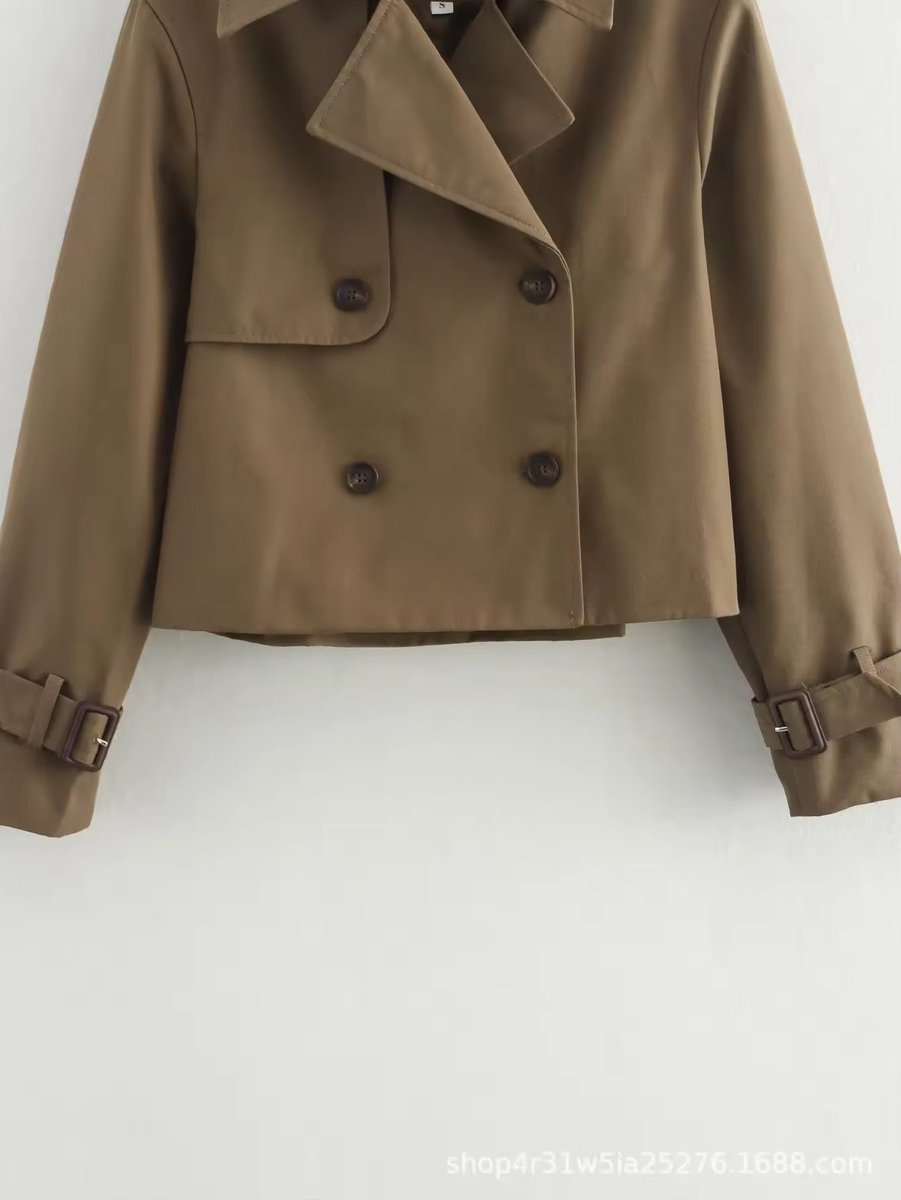 Damen Kurzer Doppelreihiger Trench Coat mit Schnallenärmeln