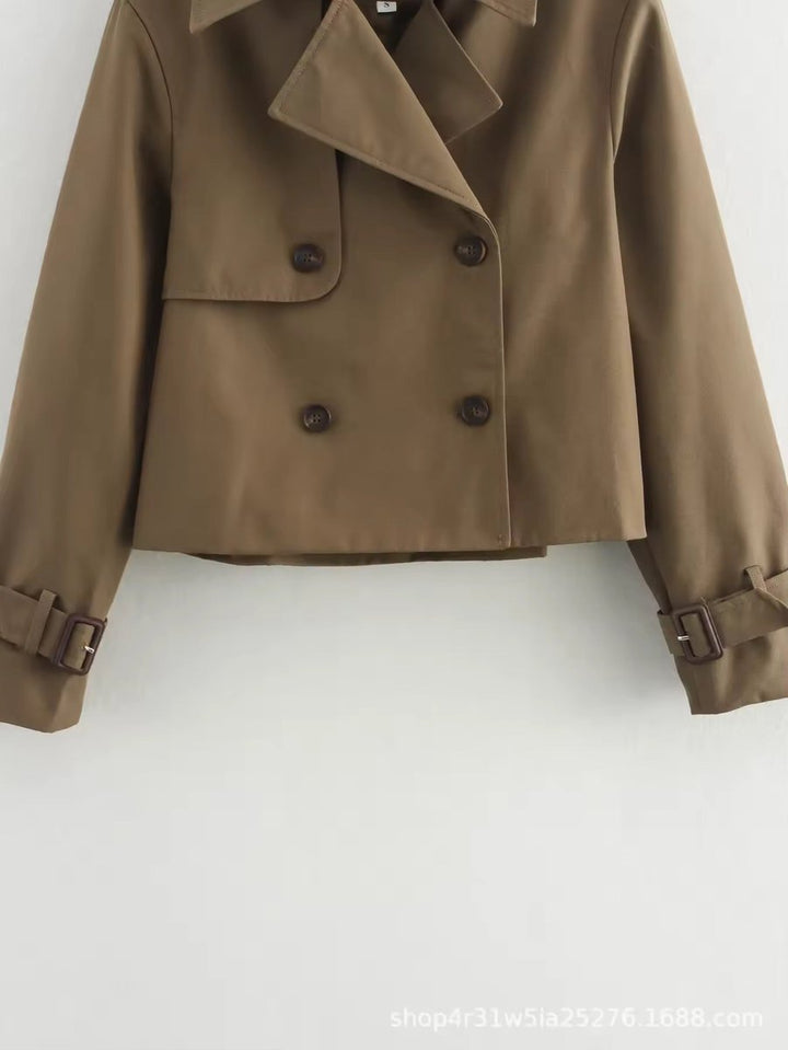 Damen Kurzer Doppelreihiger Trench Coat mit Schnallenärmeln