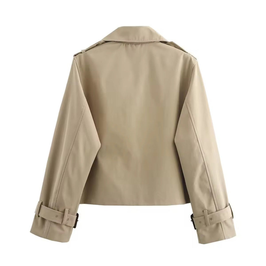 Damen Kurzer Doppelreihiger Trench Coat mit Schnallenärmeln