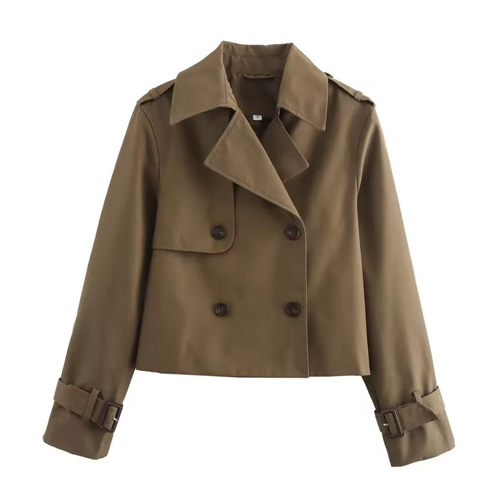 Damen Kurzer Doppelreihiger Trench Coat mit Schnallenärmeln - Braun