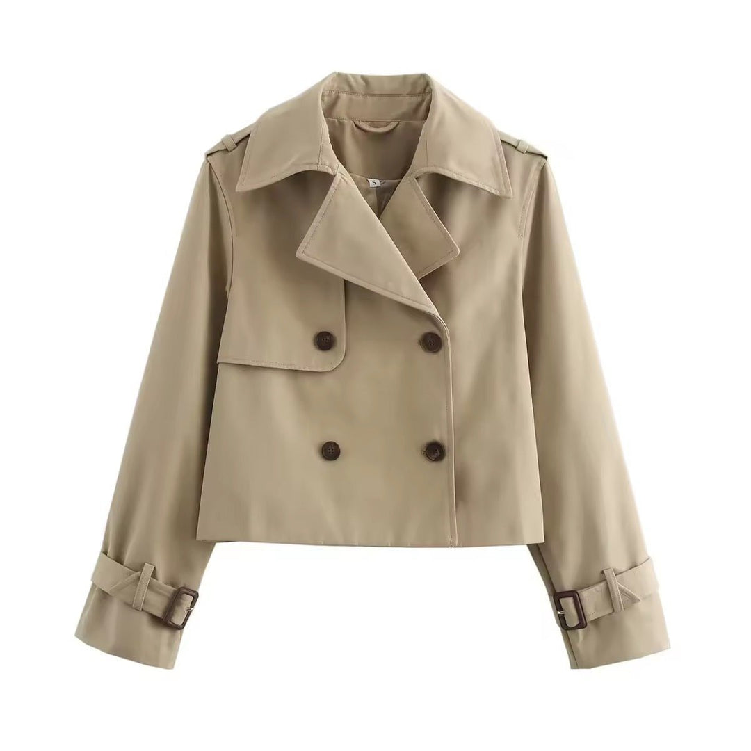 Damen Kurzer Doppelreihiger Trench Coat mit Schnallenärmeln - Beige