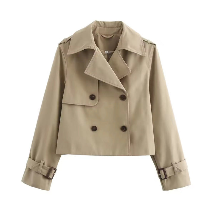 Damen Kurzer Doppelreihiger Trench Coat mit Schnallenärmeln - Beige
