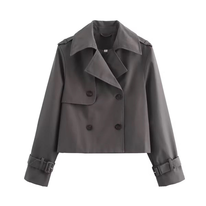 Damen Kurzer Doppelreihiger Trench Coat mit Schnallenärmeln - Grau
