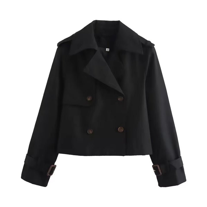 Damen Kurzer Doppelreihiger Trench Coat mit Schnallenärmeln - Schwarz