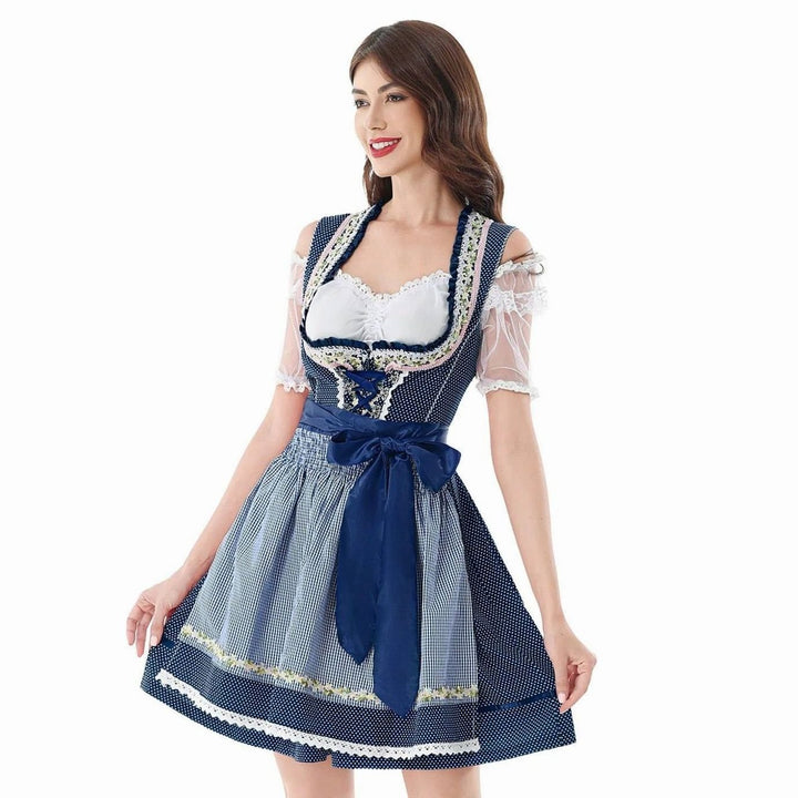 Damen Kurzes Dirndl-Set mit Spitzenbluse Karierter Schürze Schnürung