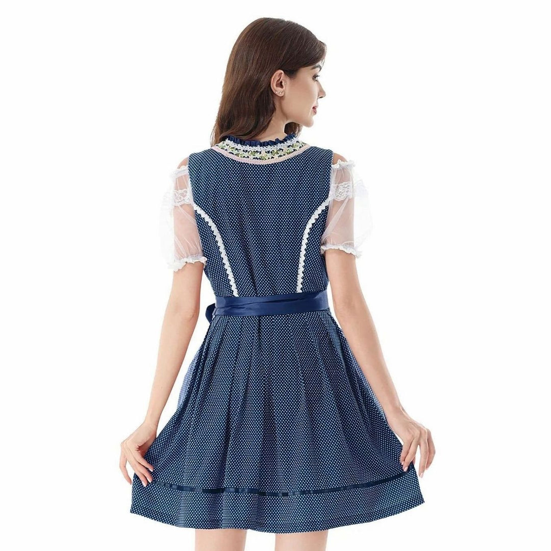 Damen Kurzes Dirndl-Set mit Spitzenbluse Karierter Schürze Schnürung