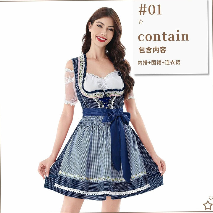 Damen Kurzes Dirndl-Set mit Spitzenbluse Karierter Schürze Schnürung - Blau