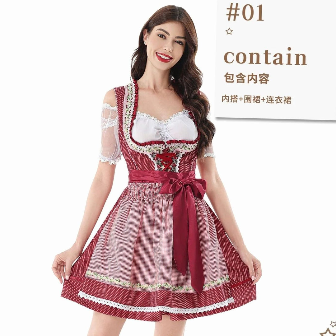 Damen Kurzes Dirndl-Set mit Spitzenbluse Karierter Schürze Schnürung - Rot