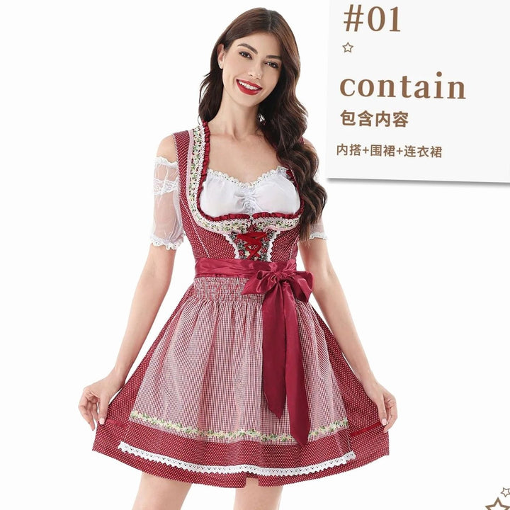 Damen Kurzes Dirndl-Set mit Spitzenbluse Karierter Schürze Schnürung - Rot