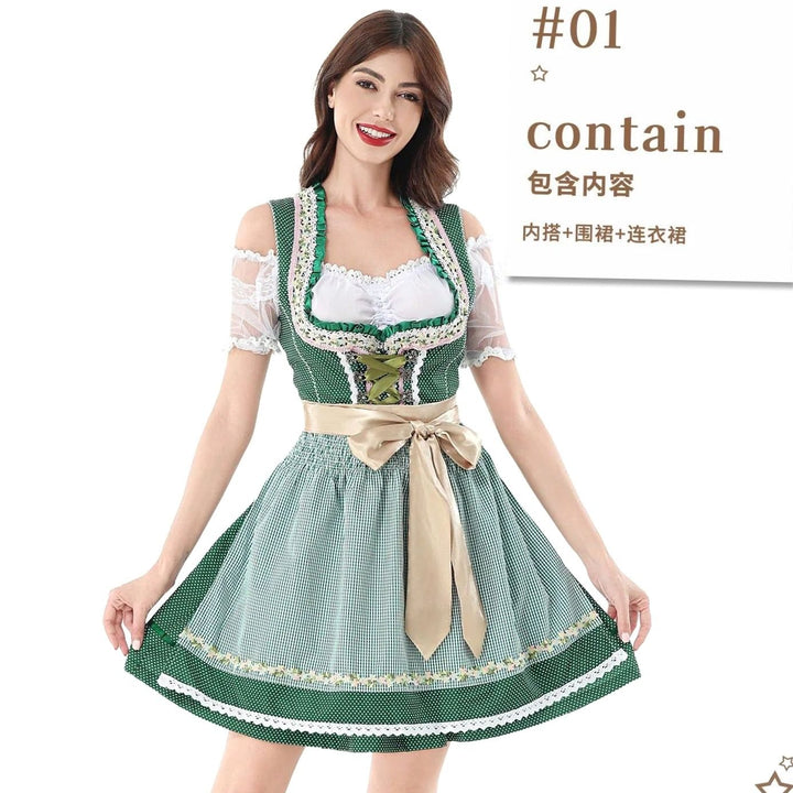 Damen Kurzes Dirndl-Set mit Spitzenbluse Karierter Schürze Schnürung - Grün