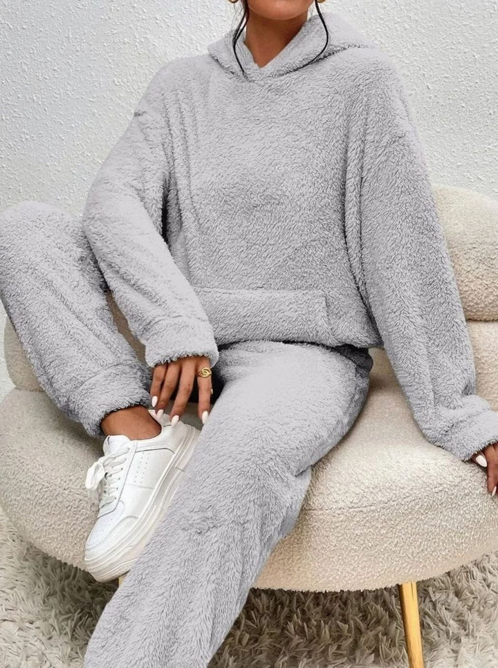 Damen Kuscheliges Zweiteiliges Pullover-Set Fleece Hoodie Jogginghose - Grau