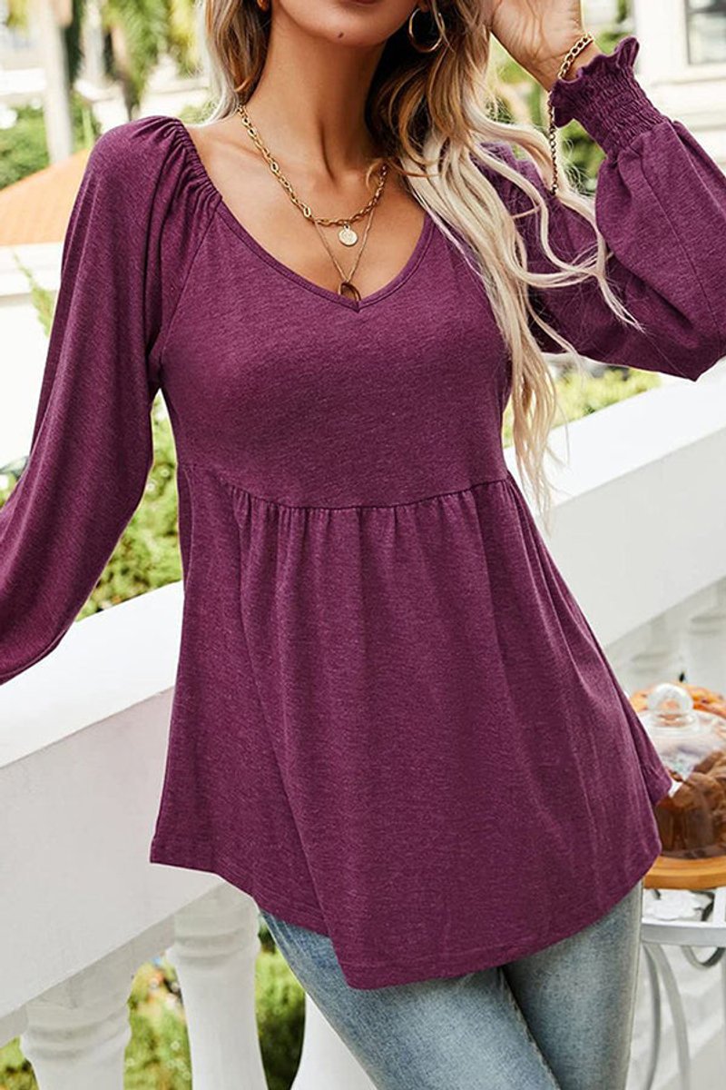 Damen Langarm Babydoll-Tunika V-Ausschnitt gerüschter Saum - Vintrode