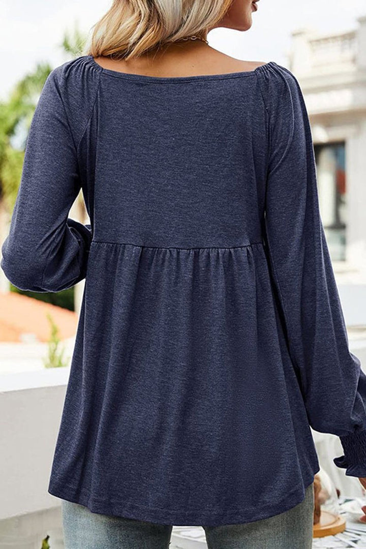 Damen Langarm Babydoll-Tunika V-Ausschnitt gerüschter Saum