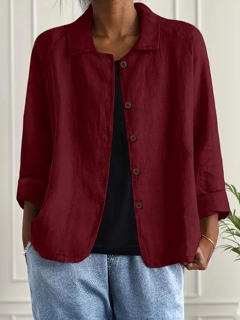 Damen Langarm-Blazer mit Kragen lockere Knopfleiste - Burgundy
