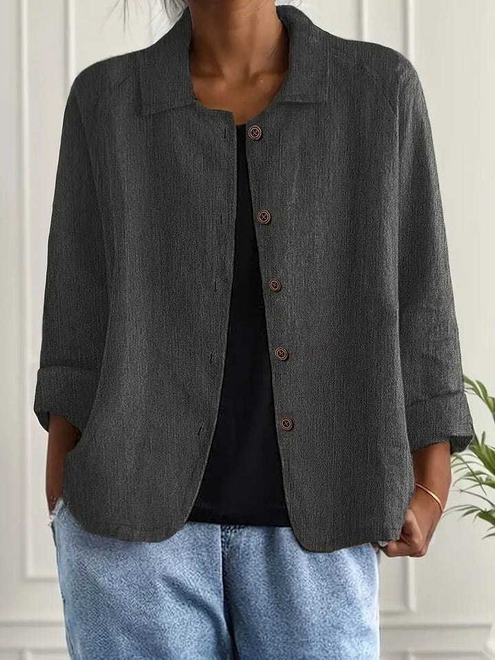 Damen Langarm-Blazer mit Kragen lockere Knopfleiste - Dark Grey