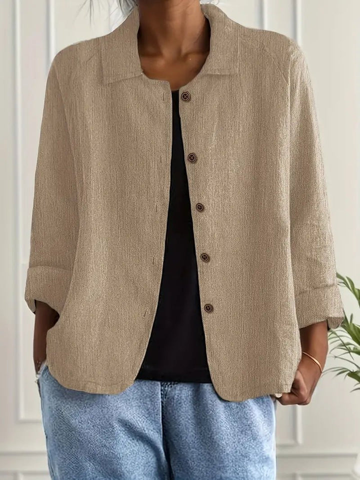 Damen Langarm-Blazer mit Kragen lockere Knopfleiste - Khaki