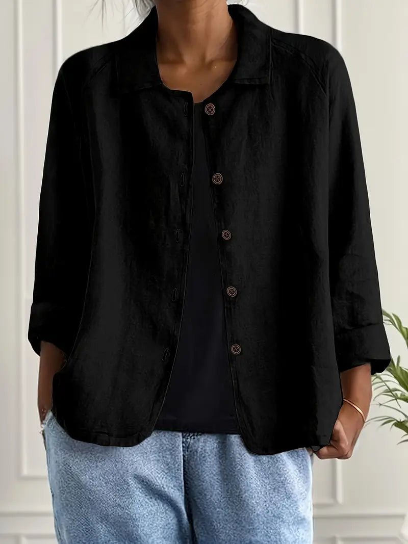 Damen Langarm-Blazer mit Kragen lockere Knopfleiste - Black