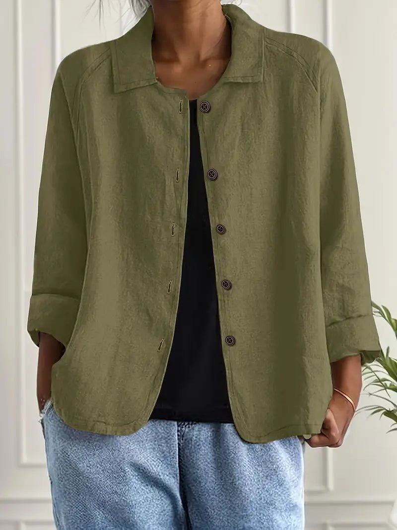 Damen Langarm-Blazer mit Kragen lockere Knopfleiste - Dark Green