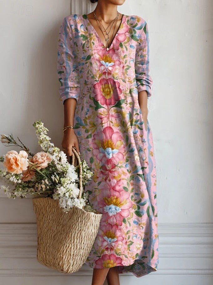 Damen Langarm Blumen Maxi Kleid mit V-Ausschnitt - Dress (almost sold out)