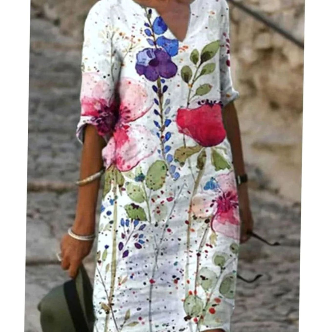 Damen Langarm Blumenmuster Shift Kleid V-Ausschnitt - Modell 14