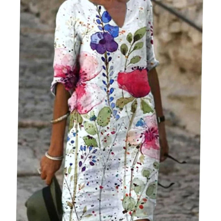 Damen Langarm Blumenmuster Shift Kleid V-Ausschnitt - Modell 14