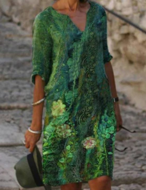 Damen Langarm Blumenmuster Shift Kleid V-Ausschnitt - Grün