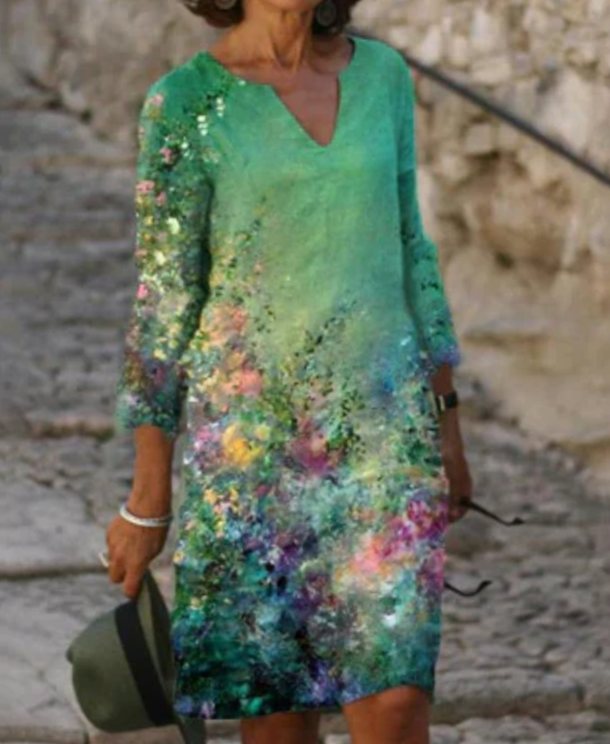 Damen Langarm Blumenmuster Shift Kleid V-Ausschnitt - Blümchengrün