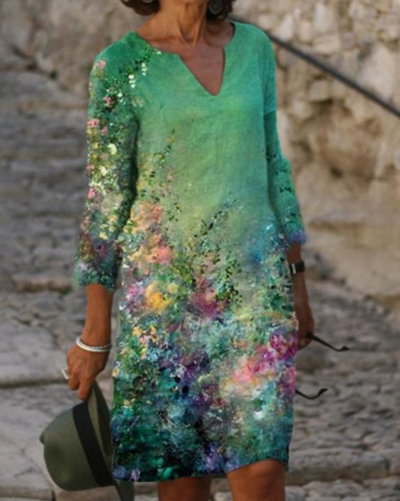 Damen Langarm Blumenmuster Shift Kleid V-Ausschnitt
