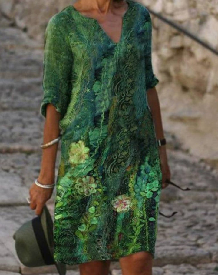 Damen Langarm Blumenmuster Shift Kleid V-Ausschnitt