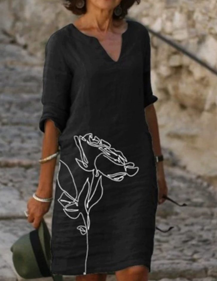 Damen Langarm Blumenmuster Shift Kleid V-Ausschnitt