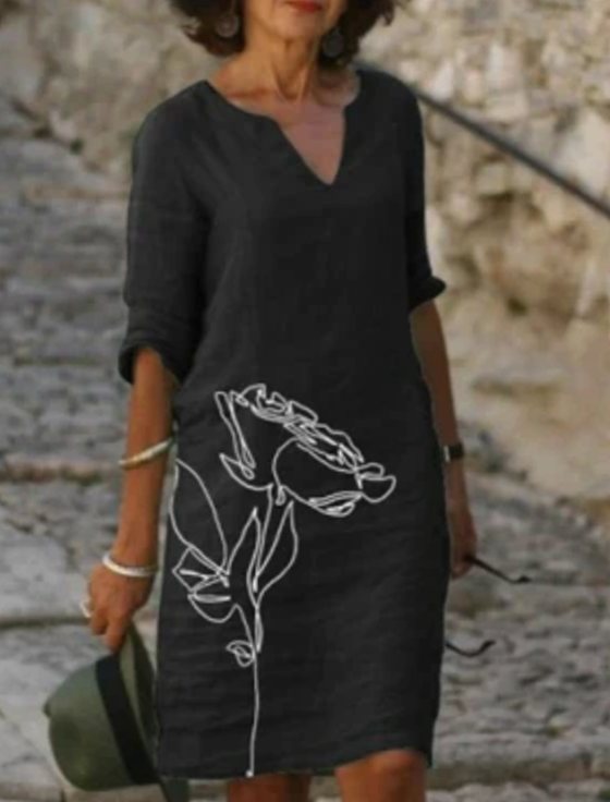 Damen Langarm Blumenmuster Shift Kleid V-Ausschnitt - Schwarz