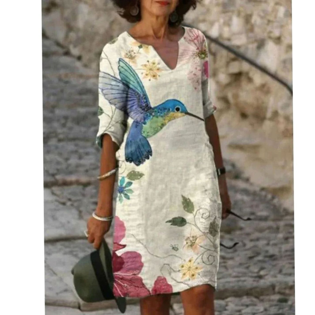 Damen Langarm Blumenmuster Shift Kleid V-Ausschnitt - Modell 13